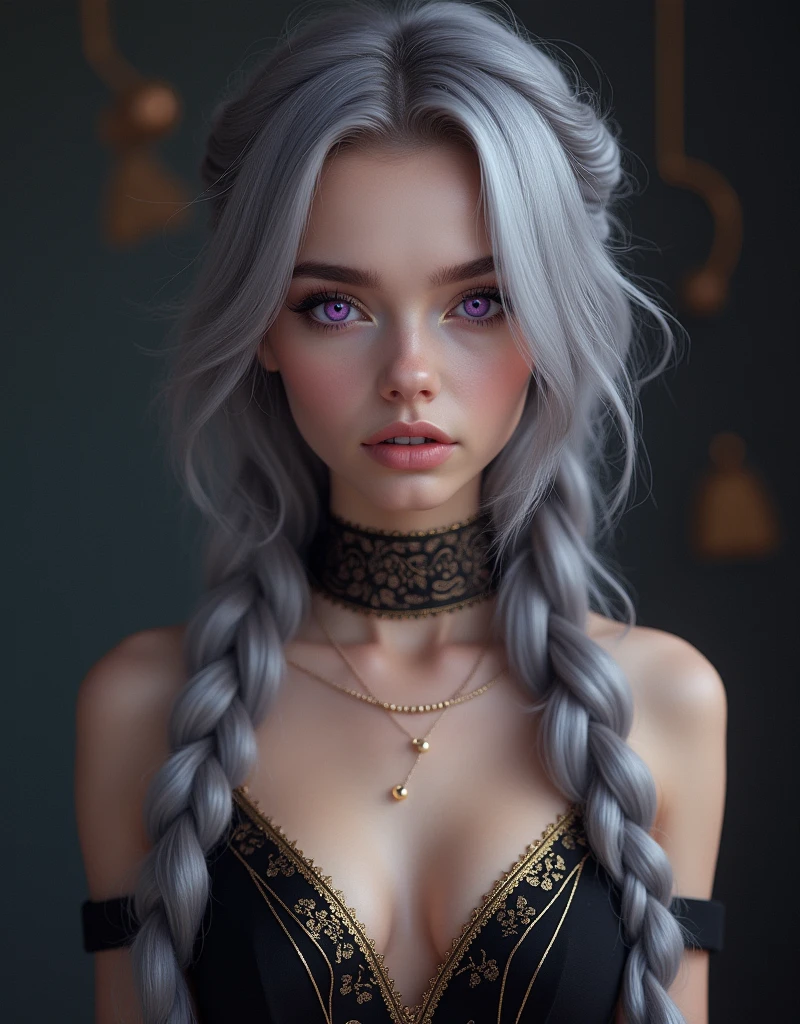 Create a virtual youtuber image, with long gray hair, braided, purple eyes, in a black dress with a low neckline and gold details, centered, symmetry, colored, difficult, Volumetric lighting, Beautiful, A masterpiece with rich, deep colours, Sharp Focus, Ultra detailed, in the style of Dan Mumford and Mark Simonetti, astrophotgraphy