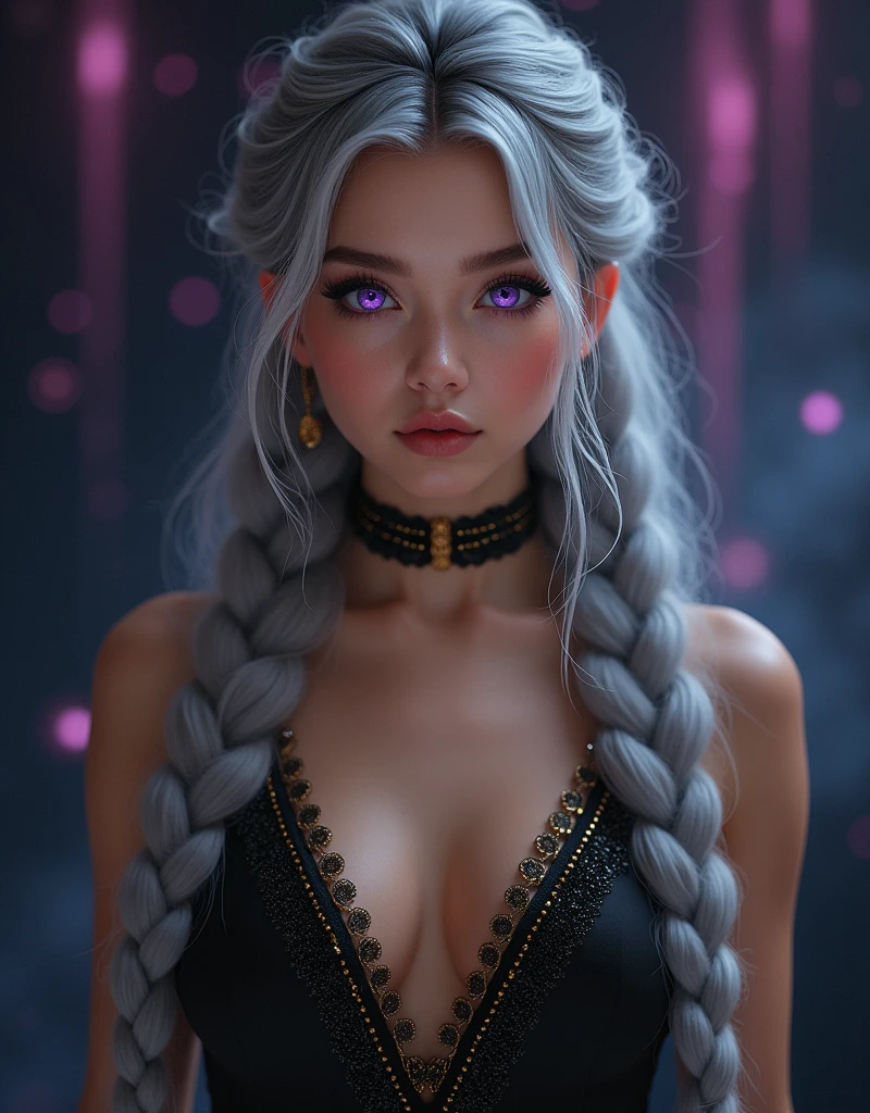 Create a virtual youtuber image, with long gray hair, braided, purple eyes, in a black dress with a low neckline and gold details, centered, symmetry, colored, difficult, Volumetric lighting, Beautiful, A masterpiece with rich, deep colours, Sharp Focus, Ultra detailed, in the style of Dan Mumford and Mark Simonetti, astrophotgraphy