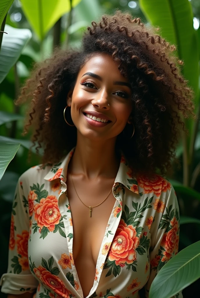 A Brazilian woman in a lush tropical garden, wearing an open shirt with a floral print, with a close-up capturing the harmonious beauty between her breasts and the natural flowers, showing off your natural charm and outgoing personality.