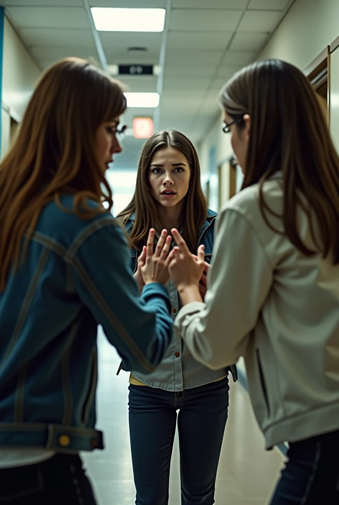 Female figure being bullied at school by two other female figures, distant image