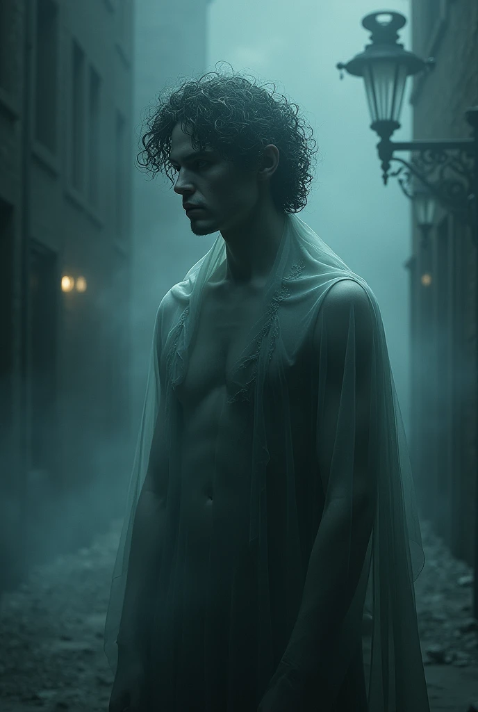 A curly-haired, ghost-like man with a gloomy atmosphere