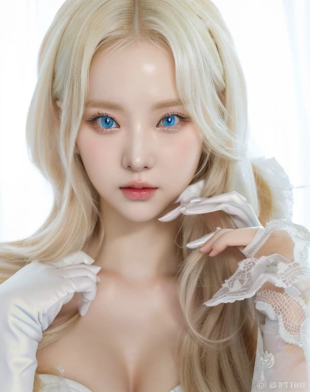 a close up of a woman with long blonde hair and gloves and blue like eyes, kawaii realist portrait, guweiz style artwork, ig model | artegerm, Girl with white hair, Kpop idol portrait, porcelain white skin, korean girl, korean idol woman portrait, inspired by Yanjun Cheng, realist. Cheng Yi, pale milky white porcelain skin