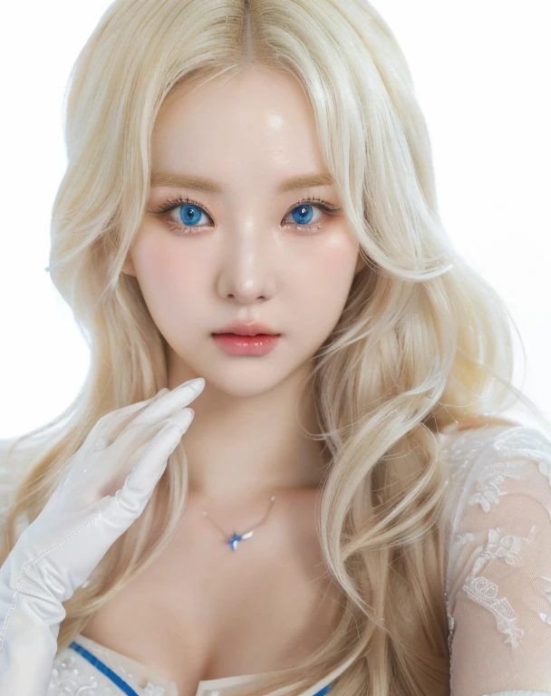 a close up of a woman with long blonde hair and gloves and blue like eyes, kawaii realist portrait, guweiz style artwork, ig model | artegerm, Girl with white hair, Kpop idol portrait, porcelain white skin, korean girl, korean idol woman portrait, inspired by Yanjun Cheng, realist. Cheng Yi, pale milky white porcelain skin