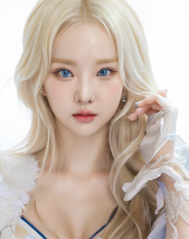 a close up of a woman with long blonde hair and gloves and blue like eyes, kawaii realist portrait, guweiz style artwork, ig model | artegerm, Girl with white hair, Kpop idol portrait, porcelain white skin, korean girl, korean idol woman portrait, inspired by Yanjun Cheng, realist. Cheng Yi, pale milky white porcelain skin