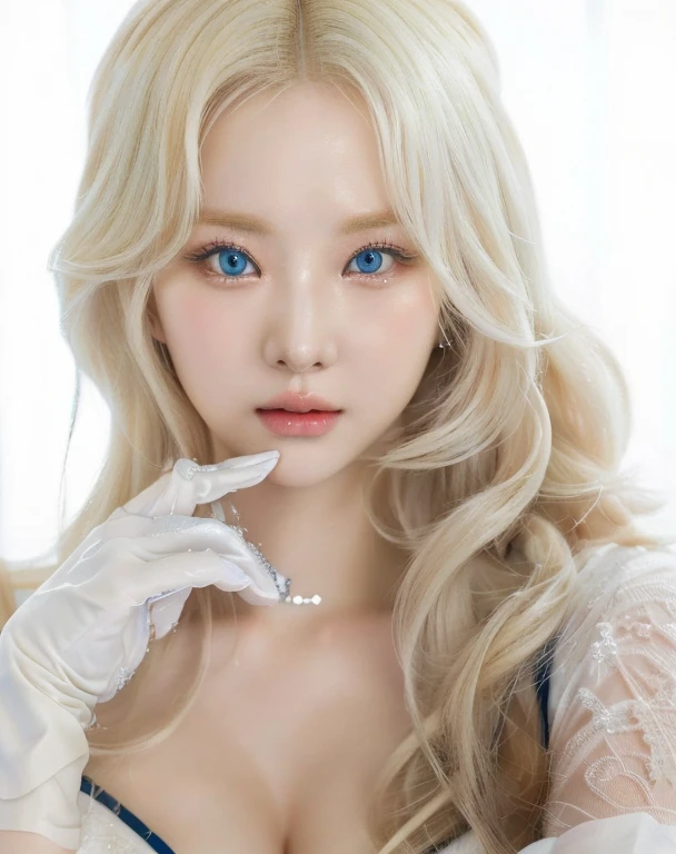 a close up of a woman with long blonde hair and gloves and blue like eyes, kawaii realist portrait, guweiz style artwork, ig model | artegerm, Girl with white hair, Kpop idol portrait, porcelain white skin, korean girl, korean idol woman portrait, inspired by Yanjun Cheng, realist. Cheng Yi, pale milky white porcelain skin