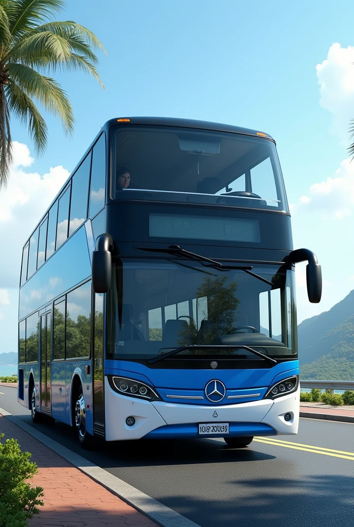 realistic blue and white double decker travel bus brazilian travel bus brazilian travel bus tinted windows no passengers and only the driver, put landscape behind the mercedes brand