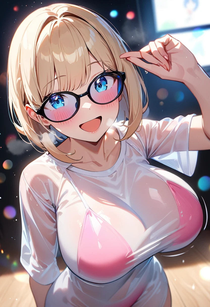 (((One Girl))), Blonde, Bobcut, (Cowboy Shot), ((sunglasses, hand to sunglasses)), (View your viewers), Focus on the face, teenager, Tilt your head:1.3, (((blue eyes))), ((Smile)), ((blush)), Contrasting, Place one hand on hip, (((Exposed skin))), , (((Big breasts bouncing up and down))), leotard, ((See-through clothing:1.3)), Naked Shirt, , Anime Style, (Highest quality, 4K, 8k, High resolution, masterpiece:1.2, Super detailed, Super detailed eyes, High resolution, 超High resolution, Studio Lighting, Ultra-fine painting, Sharp focus, Physically Based Rendering, Very detailed explanation, Professional, Vibrant colors, Bokeh)、excited、Heavy breathing、Open mouth and tongue、