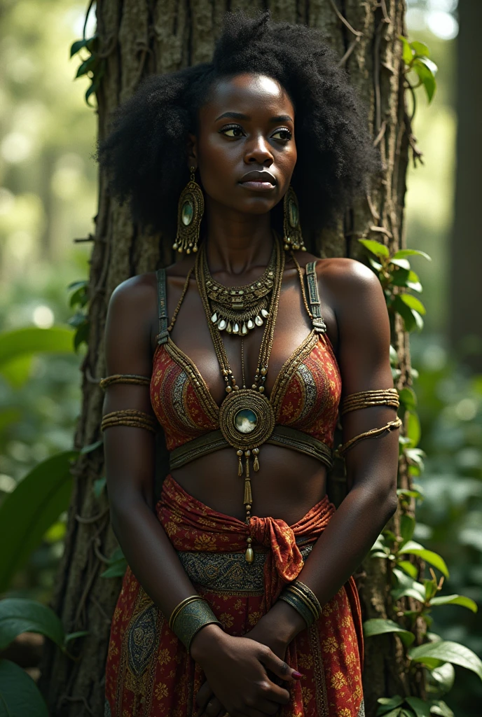 Lupita Nyong'o is portrayed as a Guardian of the Forest in a majestic giant tree, where nature and magic intertwine in an enchanting setting. Dressed in a costume made of what appears to be leaves and flowers, her look is a celebration of natural beauty. The costume is adorned with vibrant details that reflect the colors of the forest, perfectly befitting her role as protector of the ecosystem. The tree, towering and full of life, is a true ecosystem in its own right, with branches that reach toward the sky and deep roots that intertwine with the earth. Magical creatures, such as fairies and small animals, inhabit the nooks and crannies of the tree, while luminescent plants emit a soft, welcoming glow, illuminating the space with an ethereal light. The leaves above create a canopy that filters the sunlight, casting dancing patterns on the mossy ground. Lupita, in a pose of watchfulness and connection with nature, watches intently as she watches her surroundings. Her gaze is intense and protective, reflecting her determination to protect the forest and its creatures. Small details, such as the flowers adorning her hair and the bracelets made of vines and seeds, add a touch of grace to her role. The surrounding environment is rich in sounds and colors, with the birdsong and the rustling of leaves creating a natural symphony. The atmosphere is magical and tranquil, but also filled with a sense of responsibility, as Lupita represents the strength and wisdom to protect the natural world.