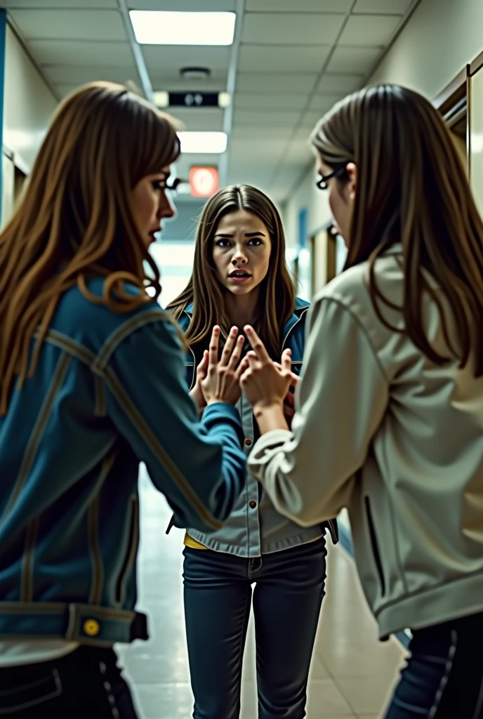 Female figure being bullied at school by two other female figures, distant image
