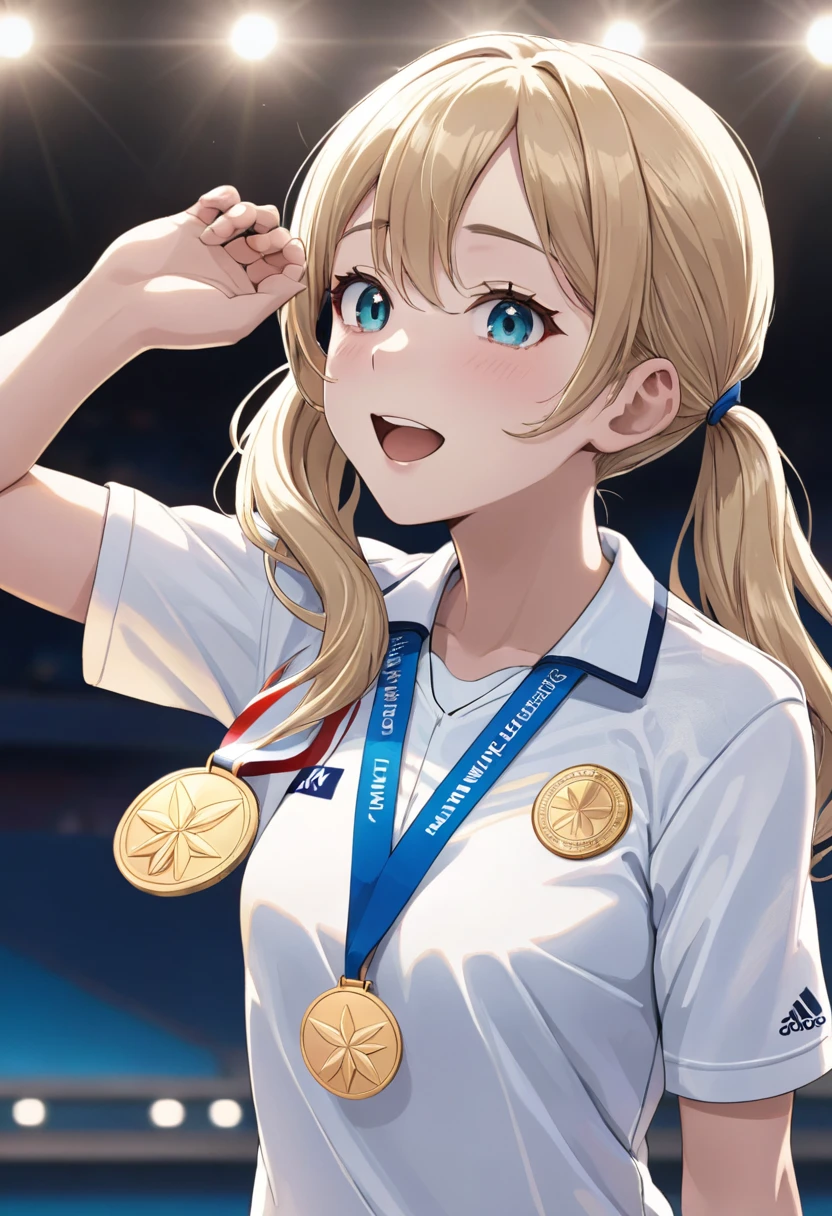 Light blue long hair、Beautiful girl with twin tails、Full body pose、a woman being awarded a gold medal at the paris olympics, highly detailed Realistic 3d cg rendering of the award ceremony, close-up of an athlete receiving the medal, A face expressing joy and pride, Dramatic studio lighting, intricate details of the medal and athlete's uniform, Vibrant colors, photoRealistic, masterpiece quality, (Highest quality, 8k, High resolution, masterpiece:1.2), Very detailed, Realistic, photo-Realistic:1.37, Dramatic lighting, emotional expression, Dynamic pose, gold medal, Olympic Medal Ceremony, athlete, Sports, competition, victory, celebration,