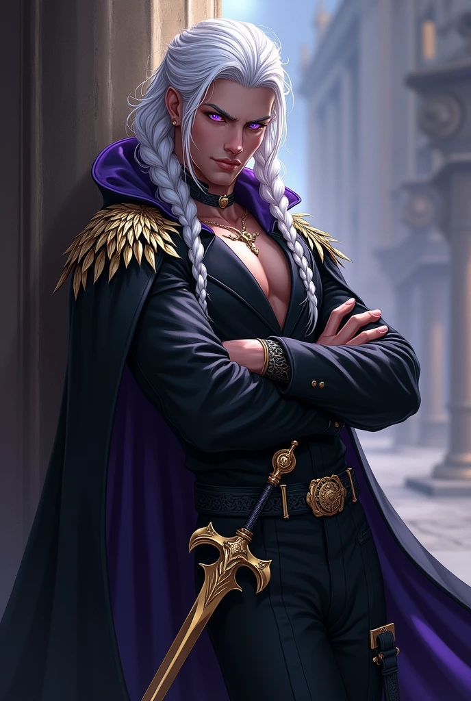 Create a powerful and beautiful prince of hell with lilac eyes and long white hair with some braids, Put some leaf-shaped shoulder pads on him that fall over his arms and a black cape and put a golden sword on his hip. That he is leaning against a wall, crossing his arms and has a captivating smile..
