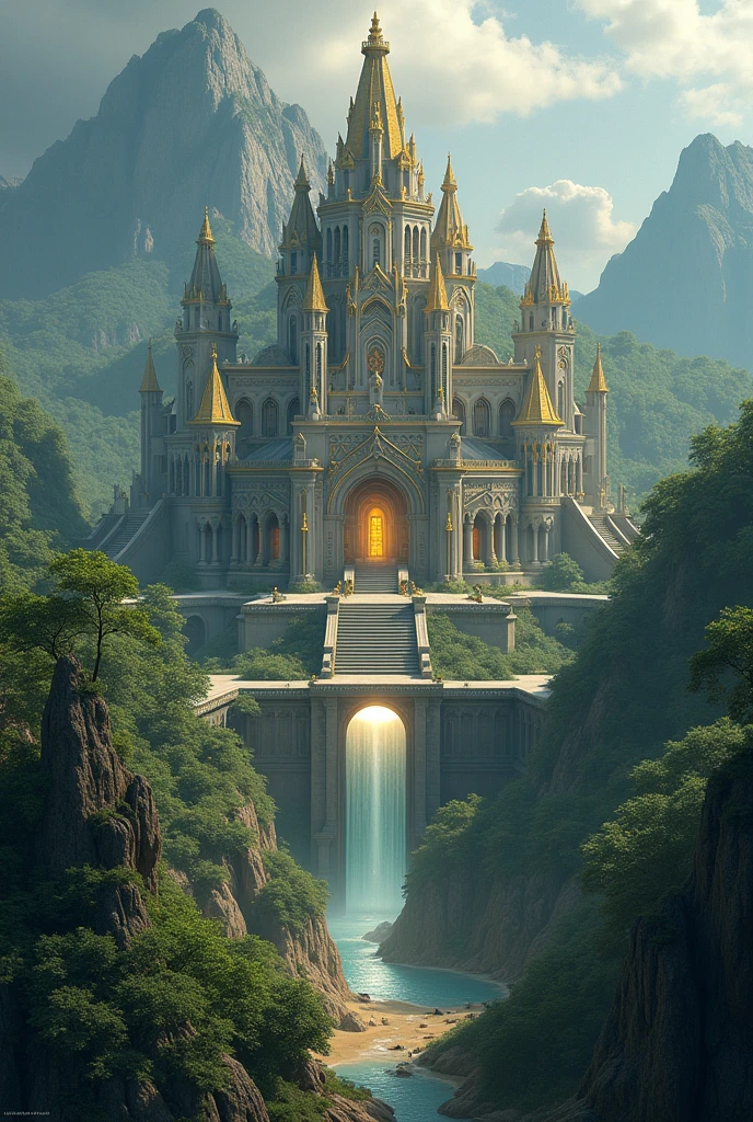 city of asgard with all the gods and creatures that inhabit it with forests and weapons of the gods and the portal that gives access to the city