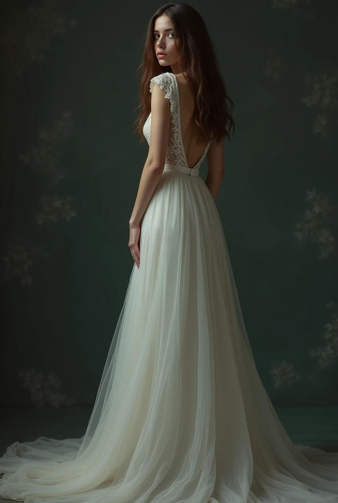 Standing Sad Woman in Wedding Dress, full figure long brown hair