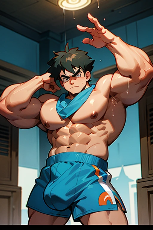Ash Ketchum from Pokémon anime as a big dumb age muscular bodybuilder jock in a locker room flexing and staring blankly with mouth gaping open as his eyes glow under hypnosis as he repeats, "Bigger... Dumber.... Must obey.... More like a jock bro every day.... Yes, Coach. I obey. Huhuhuhuh.... Sweaty brutes must obey.... Sweaty brutes do what you say.... Big ... sweaty ... musky jock bro.... The muscles must grow. The old smarts must go.... Recruit the nerds and watch them grow. Make them like us, ... more big dumb jock bros. Huhuhuh.... We will grow. We will spread. We will make more dumb jocks.... We will grow... We will spread... We will make more dumb jocks.... We will grow. We will spread. We will make more dumb jocks.... Assimilate.... Grow.... Transform.... Become.... Convert.... Be a dumb jock.... All must be jocks. All must obey. Forget, ... conform, ... dumb down, ... and obey.... Just ... like ... me.... " in deep mindless emotionless voice with fellow hypnotized jocks to forget about catching and training Pokémon and focus instead on training his body and obeying his coach. Mouth dropped open. Hyper swollen bulging crotch. Hyper muscles. Toned muscles. 5% body fat. Steam rising from armpits and shoulders. Big biceps. Big triceps. Broad shoulders. Big traps. Big lats. Big meaty pecs. Massive deltoids. Six-pack abs. Spherical glutes. Brainwashing. Hypnosis. Hypnotized. Bro. IQ drain. Dumber and dumber. Meathead. Musclehead. Mindless. Hypno. Mind control. Brain drain. Entranced. Brute. Brutification. Brain drain. brainwashed. brainwash. Meathead jock bro assimilation. Mindless. Brainless. Empty stare. Hairy pecs. Hairy armpits. Treasure trail.