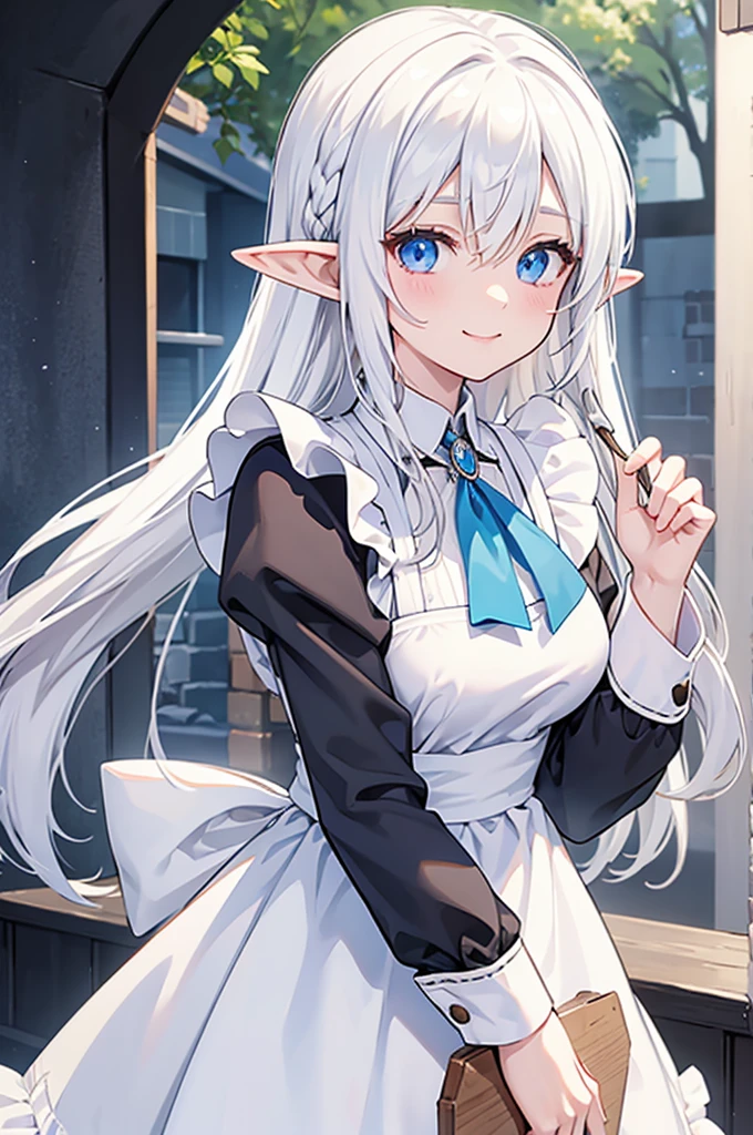 schnee raizer, long hair, 1girl, pointy ears, white hair, elf, solo, hair between eyes, blue eyes, large breasts, long sleeves, white apron, maid apron, white ascot, brooch, smile, looking at viewer, upper body, score_9, score_8_up, score_7_up, , anime coloring ,BREAK source_anime, anime