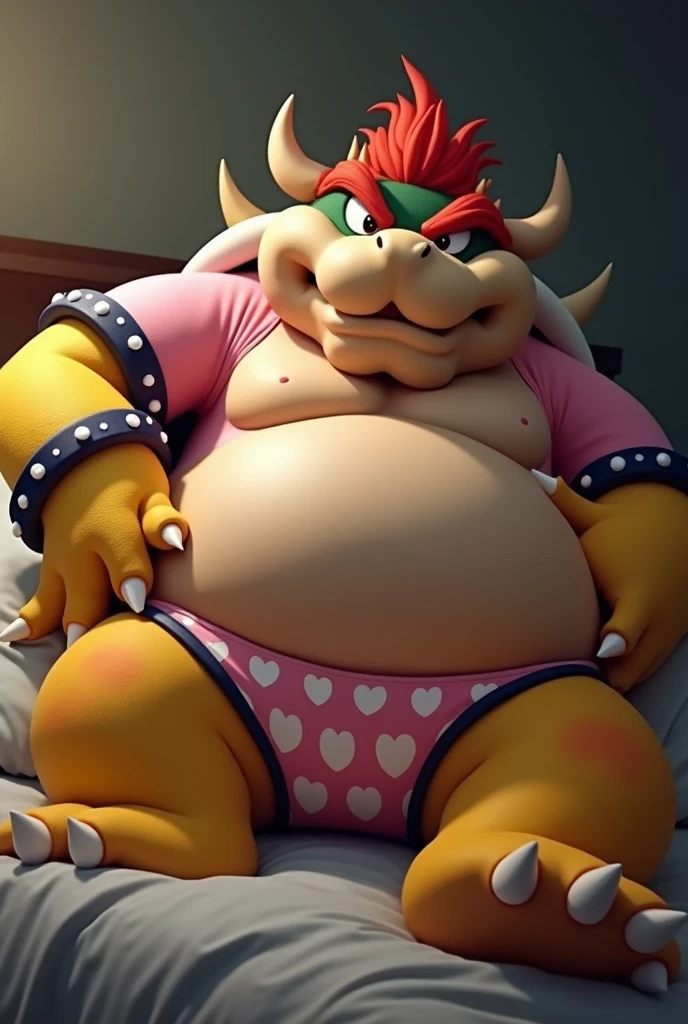 Bowser from Super Mario, Extremely obese, chubby, embarrassed, huge round belly, big moobs, heart underpants, pink tight short sleeves t-shirt, laying on a bed, one hand on the belly