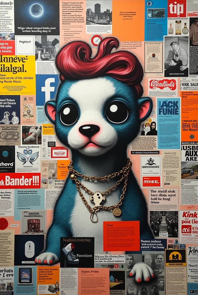 Create a pop art piece that criticizes the excessive consumerism of social networks, screens and use of cell phones computers. But it looks like a collage of images from a newspaper magazine so that it covers the entire page..