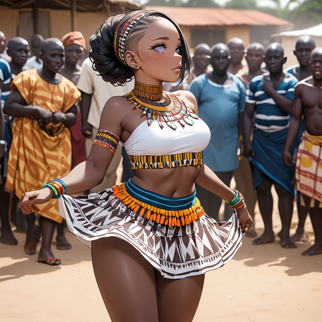 ((Highest quality)), ((masterpiece)), (detailed), （Perfect Face）、The woman is a skinhead named Aoki Reika, a Ghanaian with black skin and a skinhead, from the indigenous people of Ghana, Africa.、The woman was wearing a tribal dance costume from the Ghanaian indigenous tribe in Africa, was held down by men from the tribe and had her hair cut to match the style of a skinhead Ghanaian woman.