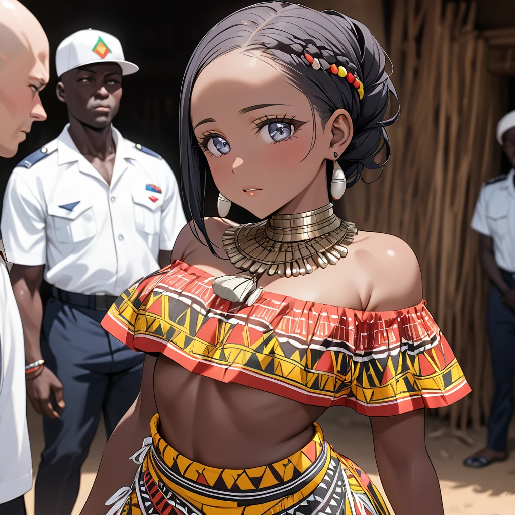 ((Highest quality)), ((masterpiece)), (detailed), (Perfect Face)、The woman is a skinhead named Aoki Reika, a Ghanaian with black skin and a skinhead, from the indigenous people of Ghana, Africa.、The woman was wearing a tribal dance costume from the Ghanaian indigenous tribe in Africa, was held down by men from the tribe and had her hair cut to match the style of a skinhead Ghanaian woman.
