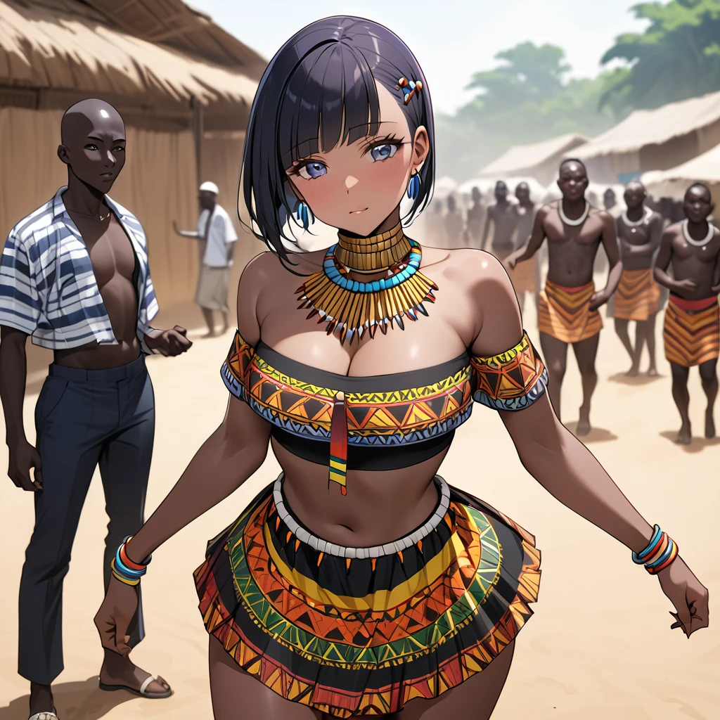 ((Highest quality)), ((masterpiece)), (detailed), (Perfect Face)、The woman is a skinhead named Aoki Reika, a Ghanaian with black skin and a skinhead, from the indigenous people of Ghana, Africa.、The woman was wearing a tribal dance costume from the Ghanaian indigenous tribe in Africa, was held down by men from the tribe and had her hair cut to match the style of a skinhead Ghanaian woman.