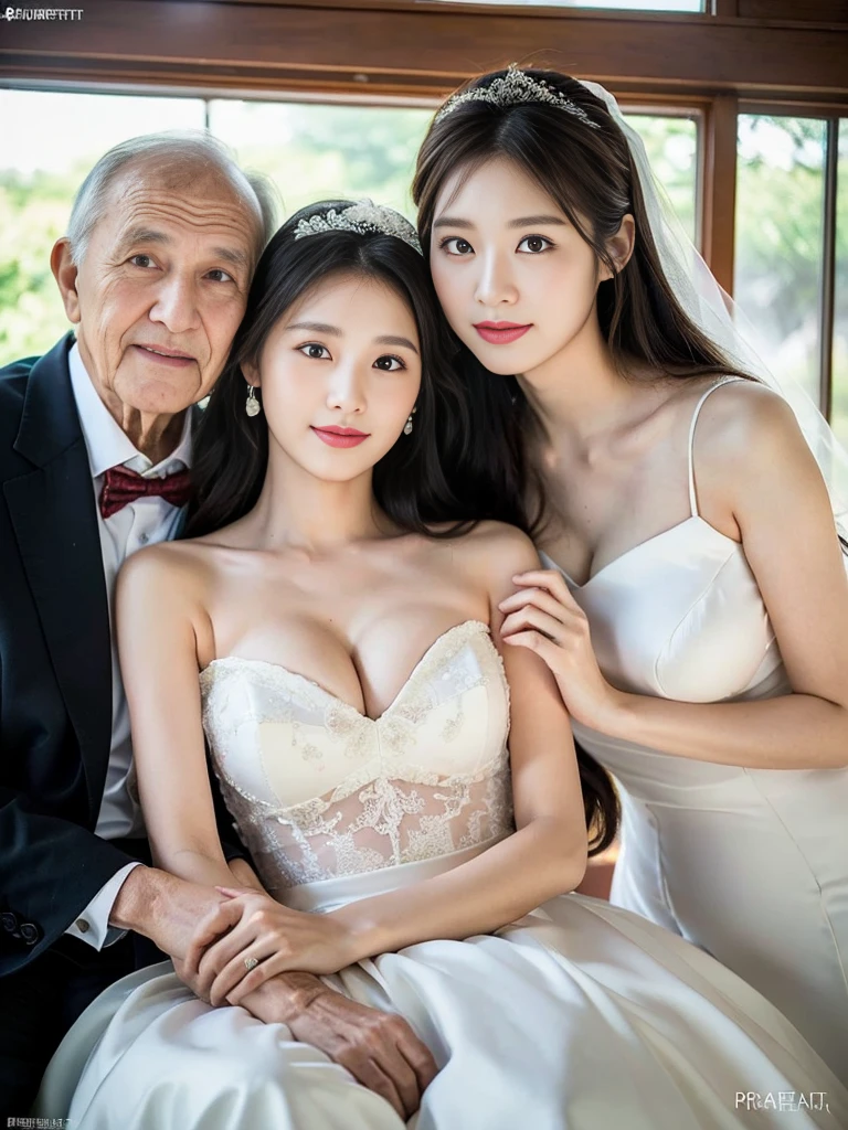 (A super cute Korean high school girl in a wedding dress snuggles up to her elderly grandfather for a family photo:1.2)(A carefree smile:1.1)(Beautiful Sweat:1.1)(16K, RAW Photos, Highest quality, masterpiece: 1.2),(Shiny black hair) Super detailed, Super Resolution, (Genuine, Genuine photos: 1.37), Portraiture, High-resolution RAW color photos, Professional photos, Very detailed, 8k wallpaper, Very detailed CG Unity 8k wallpaper, Very detailed beautiful girls, Very detailed faces, ((whole body)), beautiful woman, Huge breasts,(huge boobs:1.1) (Big Boobs:1.1),high school girl, Korean Girls,(K-POP Female Idols), (Idol-class beauty)(Beautiful high school girl:1.1)(church)(1)(Wedding dress:1.1),(Family group photo)(Wedding family waiting room)