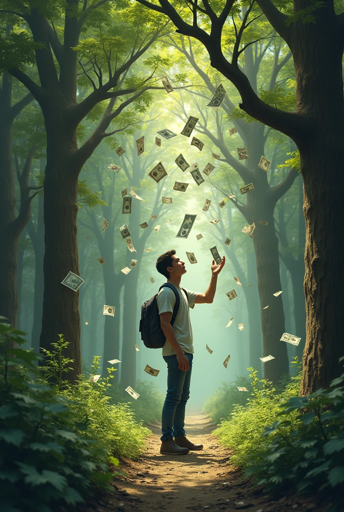 A young man collecting money from different trees