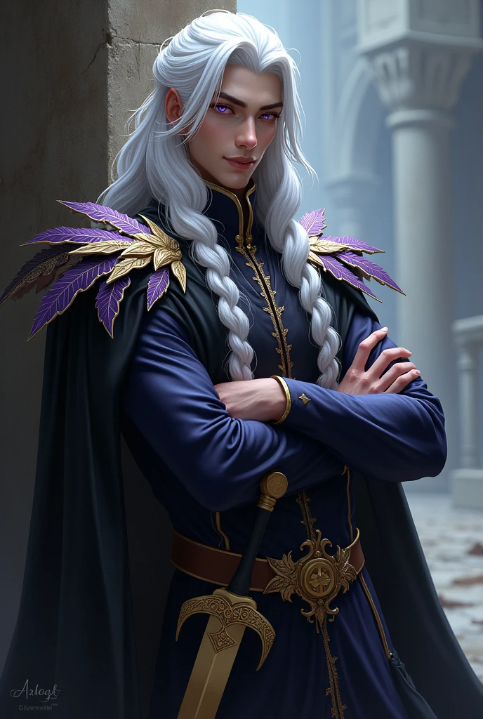 Create a powerful and beautiful prince of hell with lilac eyes and long white hair with some braids, Put some leaf-shaped shoulder pads on him that fall over his arms and a black cape and put a golden sword on his hip. That he is leaning against a wall, crossing his arms and has a captivating smile..