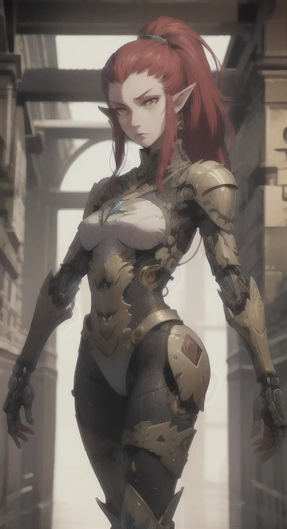 The first, Hylian android Rionyx, red hair, yellow eyes, looking at viewer, ancient mechanical armor,