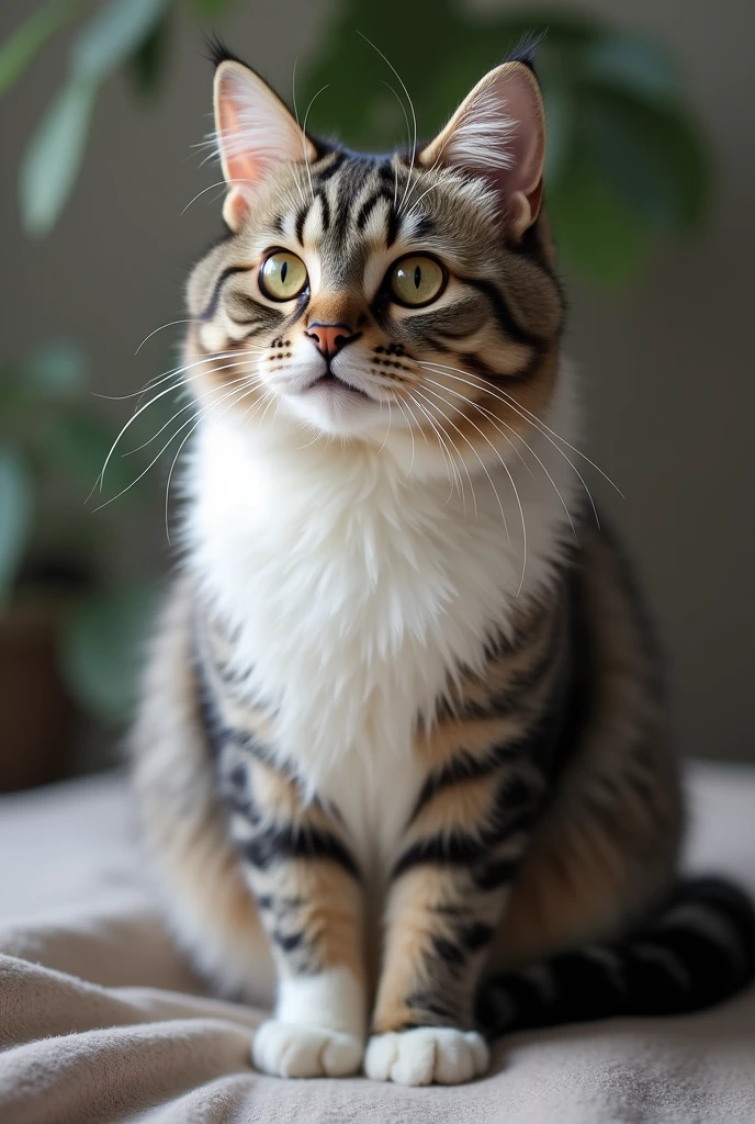 The image shows a cat in high resolution, accurately captured by a professional camera. The cat has a dense and shiny coat., with a color combination that can vary from gray tones, brown, even whites. His eyes are large and expressive, with a glow that reveals their sharpness and curiosity. The texture of its fur stands out clearly, showing minute details in each strand of hair. The ears are erect and attentive., while their legs are relaxed and placed naturally. The background of the image is subtle and out of focus, what keeps the focus on the cat, highlighting its elegance and presence. The lighting is soft and well distributed, accentuating the feline's features without creating harsh shadows.