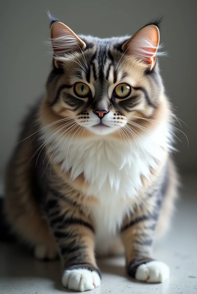 The image shows a cat in high resolution, accurately captured by a professional camera. The cat has a dense and shiny coat., with a color combination that can vary from gray tones, brown, even whites. His eyes are large and expressive, with a glow that reveals their sharpness and curiosity. The texture of its fur stands out clearly, showing minute details in each strand of hair. The ears are erect and attentive., while their legs are relaxed and placed naturally. The background of the image is subtle and out of focus, what keeps the focus on the cat, highlighting its elegance and presence. The lighting is soft and well distributed, accentuating the feline's features without creating harsh shadows.