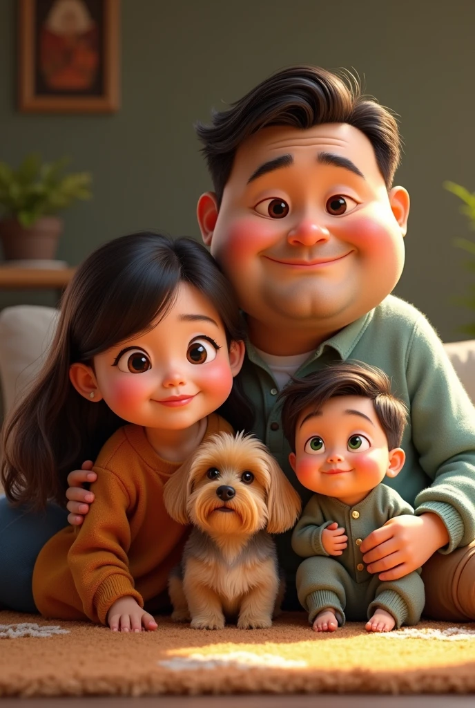 Generate pixar style image, from a family with a chubby mom, Brown eyes, brown hair with blond highlights and mane. A chubby dad with a bigger head, Voluminous eyebrows and very short hair. A slim girl, light brown hair with a long Korean style haircut. A boy with green eyes and very short hair, of you clear. A Yorkshire terrier dog.