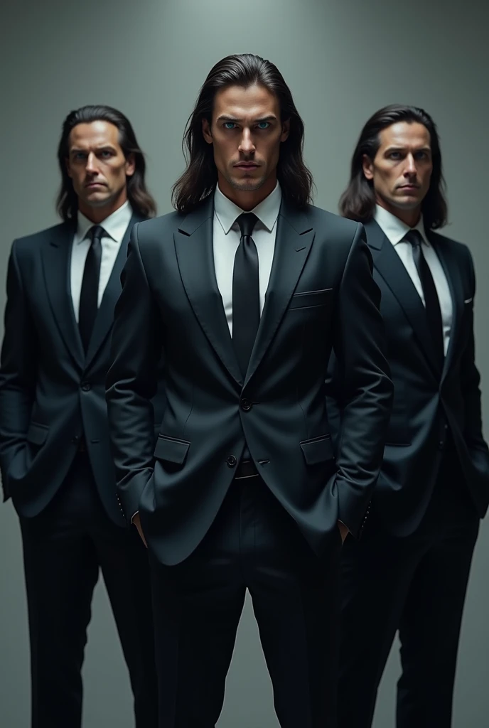 Tall 3 man dressed in a suit, Wide back, muscular, Serious and sexy profiled face with a penetrating look, blue eyes, black hair a little long