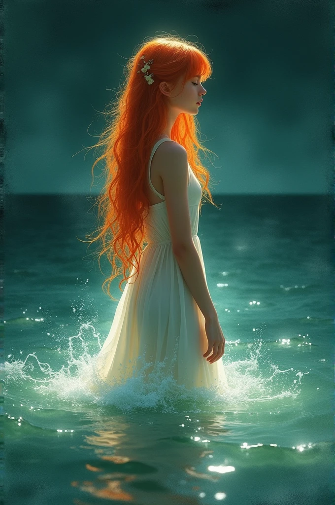 (masterpiece, Highest quality), ((One girl, alone, Long Hair)), Ishmael_edge, Innocent look, Bare arms, Exposing shoulders, Bare neck, watercolor, Sundress, Liquid clothing, water, Wave, water dress, green_theme, night, haze, dark, Sharp focus, Ocean, See-through dress, Orange Hair