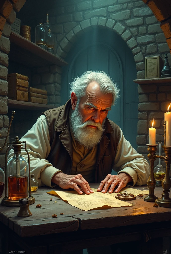 A very old laboratory environment with a wise man with a curious look