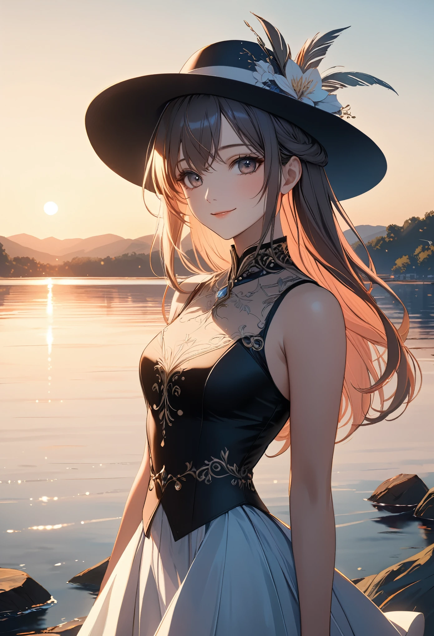 smile,hat,perfect anatomy,lakeside,sunset,cinematic lighting,(masterpiece,8k,Professional,perfect composition,very aesthetic,absurdres,ultra-detailed,intricate details:1.2),perfect proportion,hand