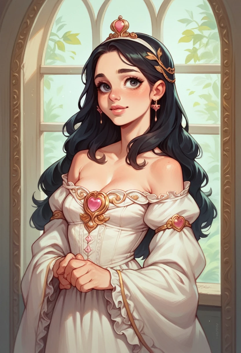 Hanna Windsor, A girl with long black hair and soft pink lips with an angelic look and a charming smile standing by the window in the morning light in a white delicate dress with a small and very cute crown is a very cute and charming princess.