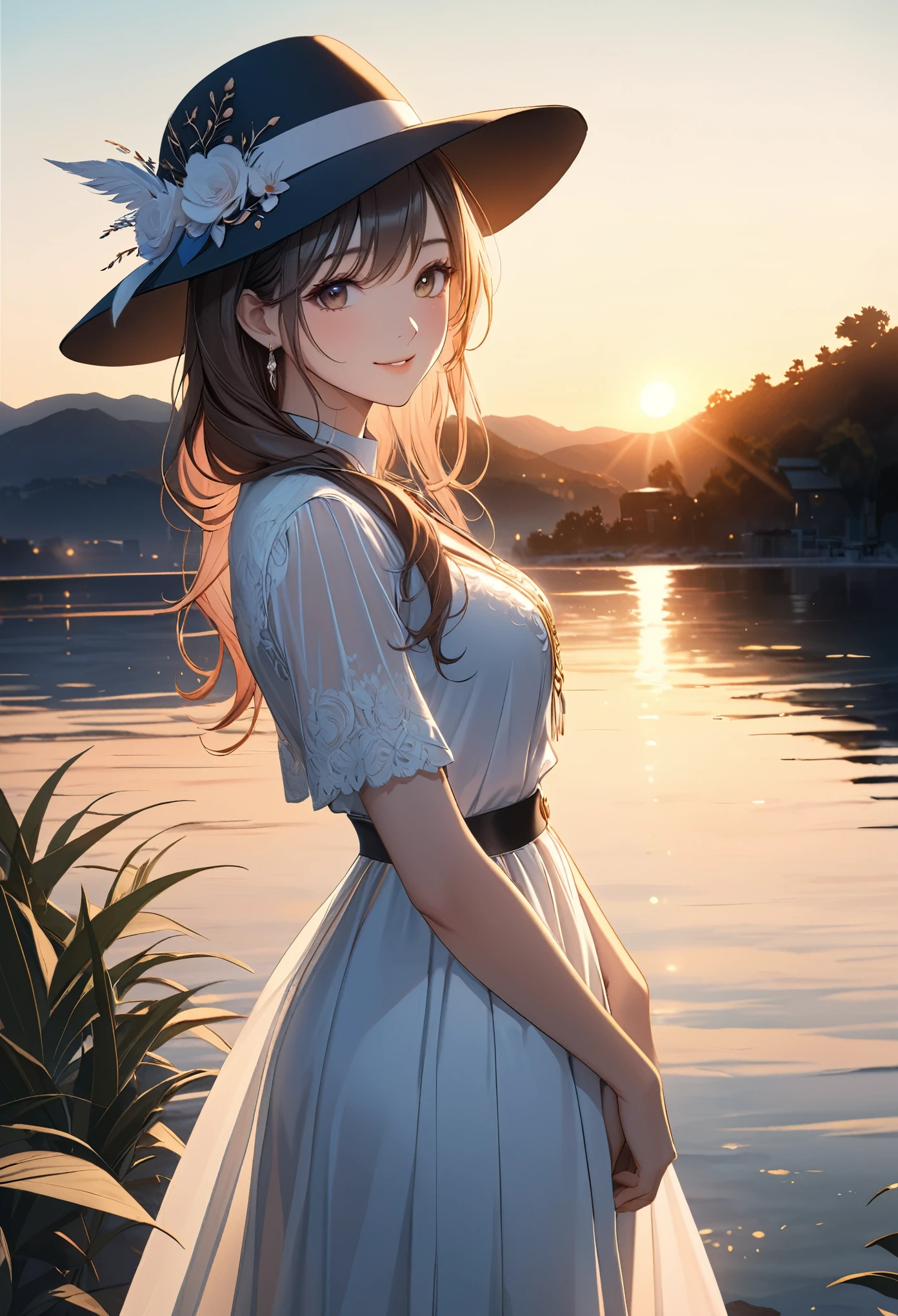 smile,hat,perfect anatomy,lakeside,sunset,cinematic lighting,(masterpiece,8k,Professional,perfect composition,very aesthetic,absurdres,ultra-detailed,intricate details:1.2),perfect proportion,hand