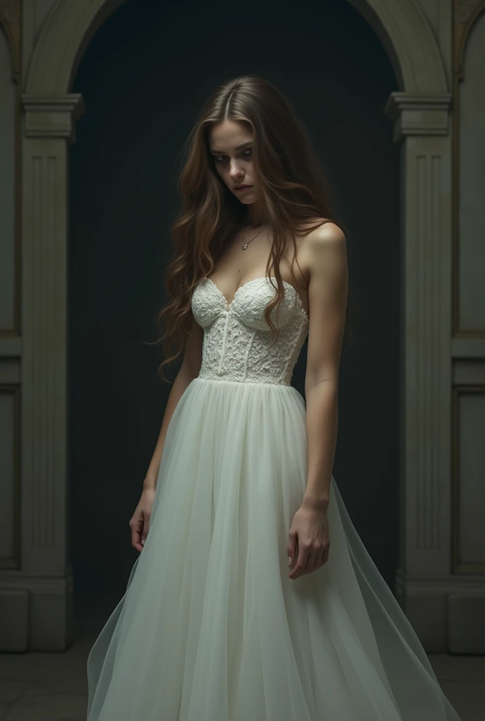 Standing Sad Woman in Wedding Dress, full figure long brown hair