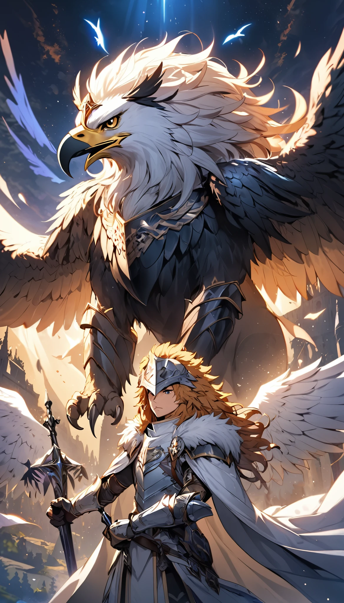 Fantastic mythical fantasy, Holy Knight, Eagle-head helmet, Lion mane decoration, A cloak woven from lion fur, Eagle wings growing from his body, An absurd mistake, Griffon&#39;s Protection, BREAK Create a character that is an aesthetic fusion with Griffin, Granting Divine Charm, Transparency that maintains originality, Dynamic combat motions, Soft Focus, Sharp animation