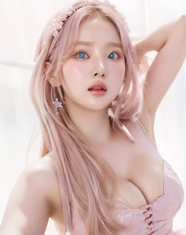 a close up of a woman in a pink dress and a headband and blue like eyes, Jaeyeon Nam, Jinyoung Shin, ig model | artegerm, TaeJune Kim, heonhwa choe, roseanne park by blackpink, Sun Yunjoo, jinyoung blackhead art, korean idol woman portrait, beautiful south korean woman, korean girl, Korean artist, parque me, big breasts, heavy breasts