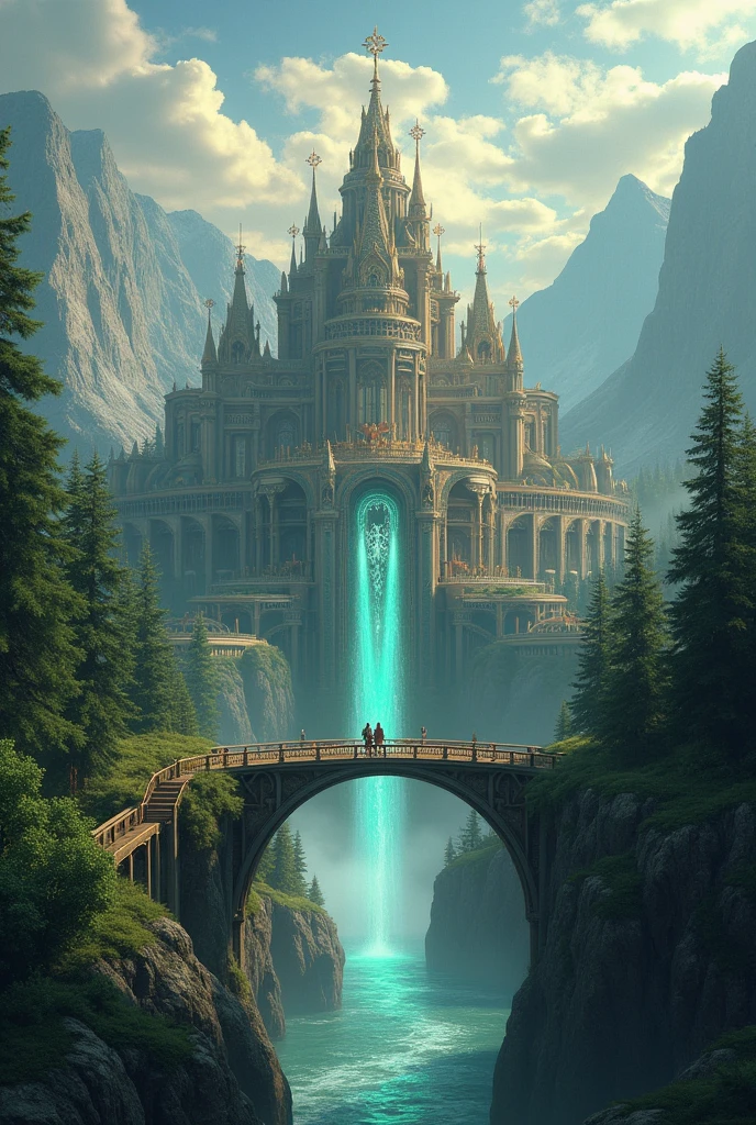 city of asgard with all the gods and creatures that inhabit it with forests and weapons of the gods and the portal that gives access to the city 