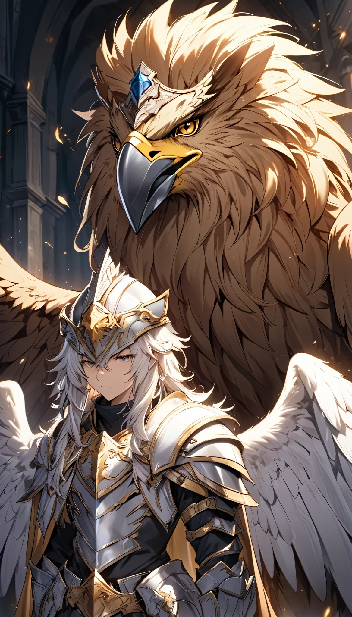 Fantastic mythical fantasy, Holy Knight, Eagle-head helmet, Lion mane decoration, A cloak woven from lion fur, Eagle wings growing from his body, An absurd mistake, Griffon&#39;s Protection, BREAK Create a character that is an aesthetic fusion with Griffin, Granting Divine Charm, Transparency that maintains originality, Dynamic combat motions, Soft Focus, Sharp animation