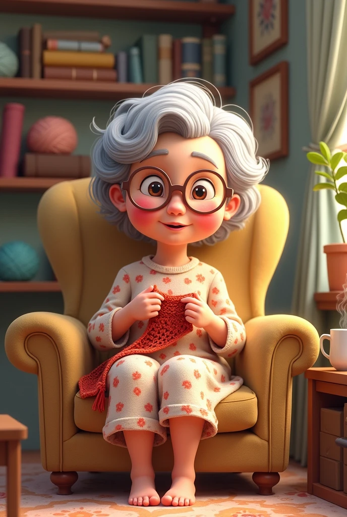 Grandma in cartoon form sitting in armchair crocheting