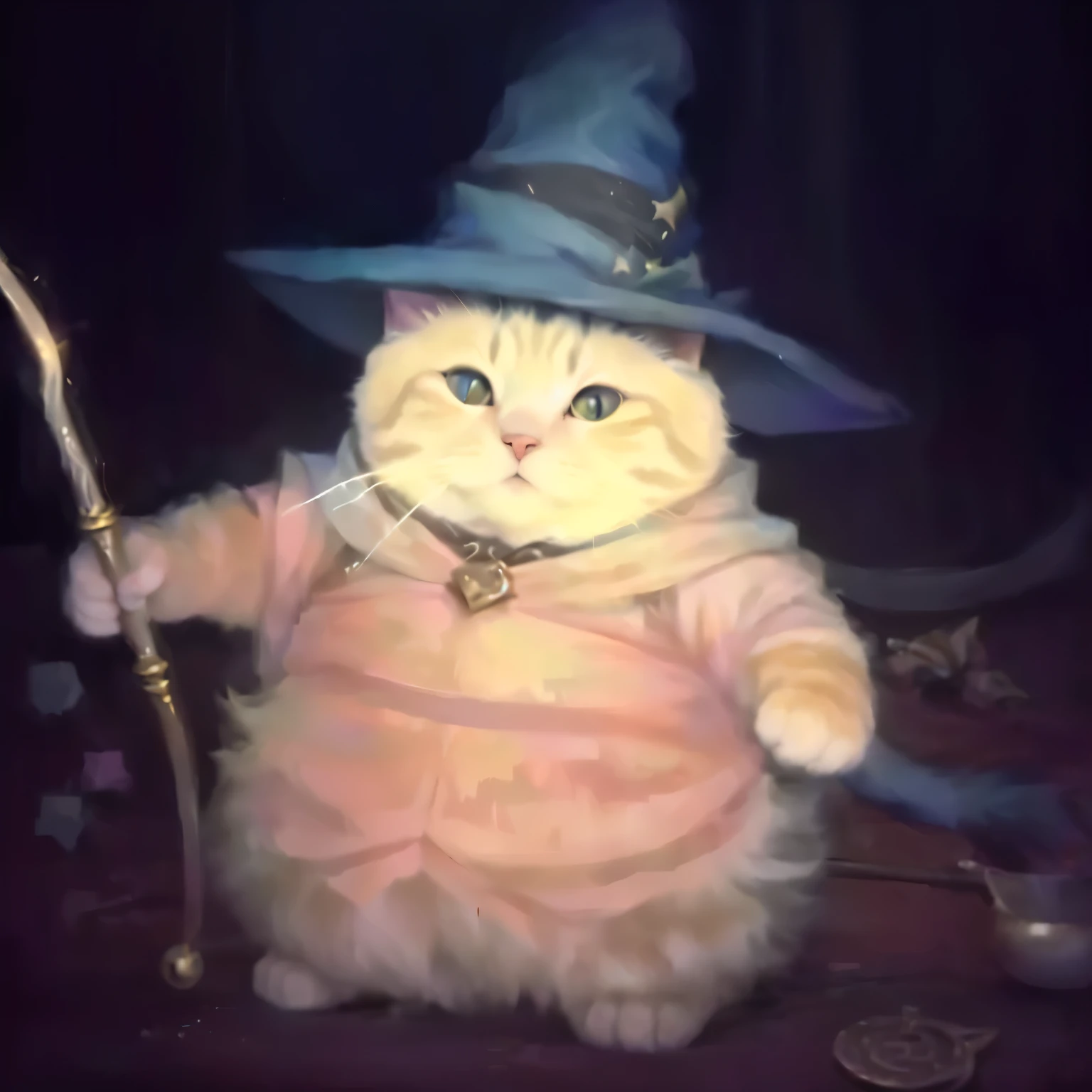 Pot-bellied cat sorcerer with a wand in his hand to cast spells, realistic cat wizard
