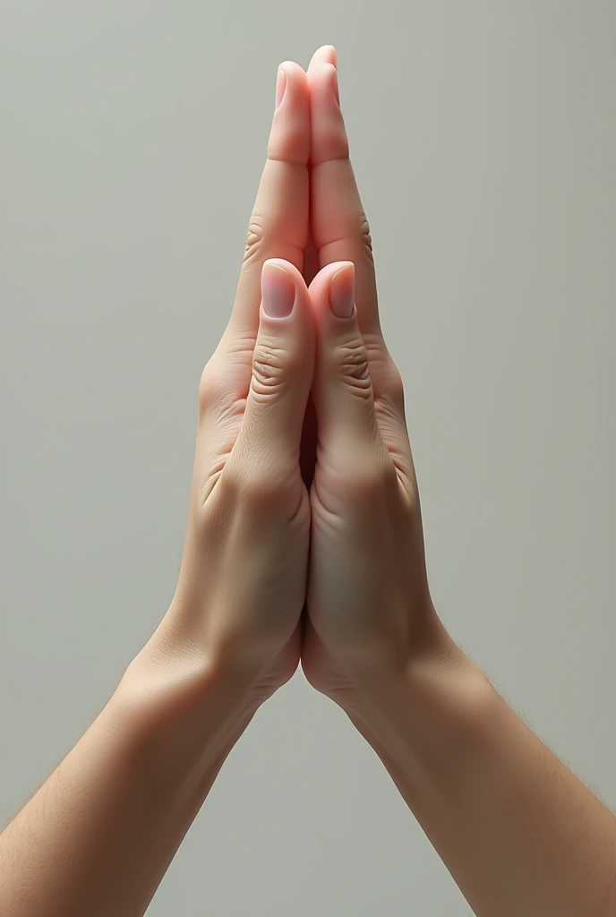 Create an image with the following instructions: place the palms of your hands together, with fingers extended, Slide your right hand up, forming a 45 degree angle. Place your left index finger on the tip of your right hand.