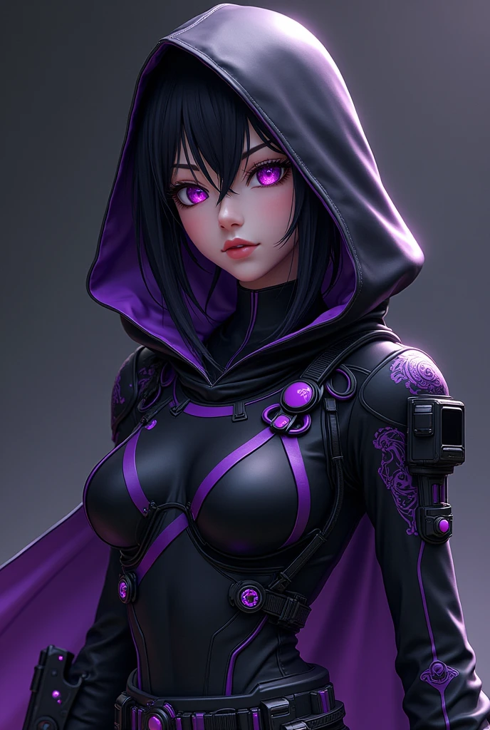 My Hero Academia, Girl, black suit, purple components on the suit, ninja-like, items for close combat on the suit, Heldenkostüm, hooded cloak