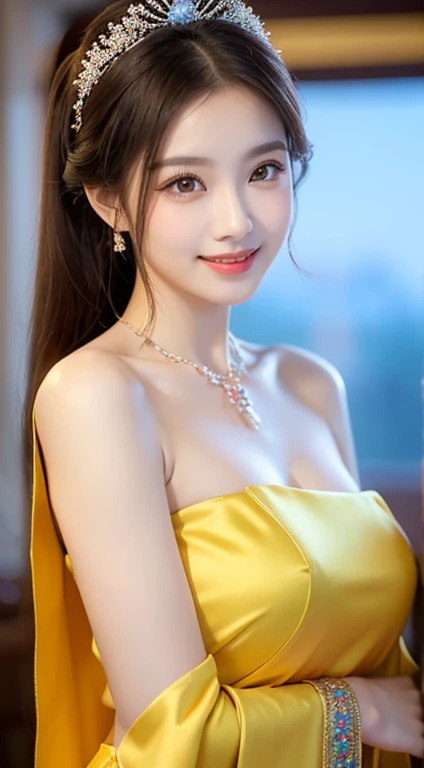 (one cute Chinese Princess, a majestic, wise & gorgeous future queen, super cute ponytail, (extravagant, sparkling, pretty princess costume:1.1), (luxurious giant tiara:1.1), (luxurious giant necklace:1.1), (Yellow Princess costume:1.2), (beautiful yellow chinese costume:1.1), (beautiful yellow and white gradation:1.1), the_cowboy_shot, camera focused on bosom, (best smile:1.2), huge breasts, beautiful detailed facial features, (high quality transparent sleeve with jewel embellishment:1.1), one smooth shoulder, Natural pose, elegant & easy-going, kind dimpled smile, subtle snowflakes, spectacular cinema lighting, natural beauty, NO makeup, long eyelashes, beautiful eyes, (accurate anatomy:1.1), natural forehead, simple bokeh night background, low contrast, surrounded by soft light, (body facing forward:1.1), (lower arms:1.1),SFW,)