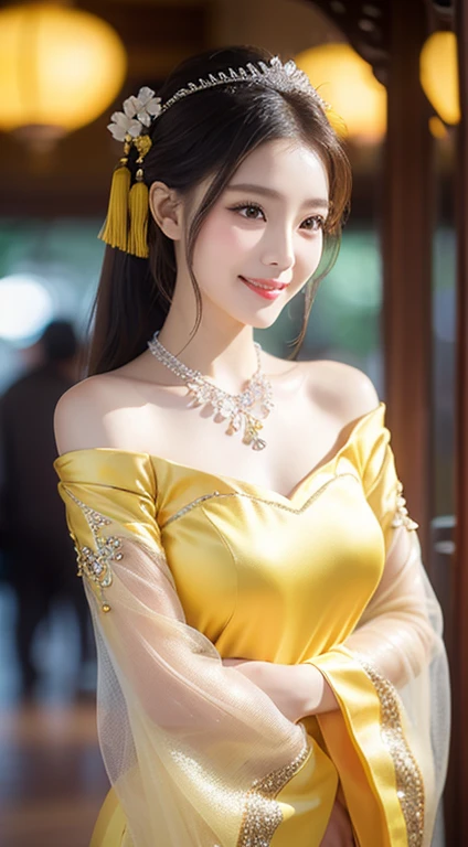 (one cute Chinese Princess, a majestic, wise & gorgeous future queen, super cute ponytail, (extravagant, sparkling, pretty princess costume:1.1), (luxurious giant tiara:1.1), (luxurious giant necklace:1.1), (Yellow Princess costume:1.2), (beautiful yellow chinese costume:1.1), (beautiful yellow and white gradation:1.1), the_cowboy_shot, camera focused on bosom, (best smile:1.2), huge breasts, beautiful detailed facial features, (high quality transparent sleeve with jewel embellishment:1.1), one smooth shoulder, Natural pose, elegant & easy-going, kind dimpled smile, subtle snowflakes, spectacular cinema lighting, natural beauty, NO makeup, long eyelashes, beautiful eyes, (accurate anatomy:1.1), natural forehead, simple bokeh night background, low contrast, surrounded by soft light, (body facing forward:1.1), (lower arms:1.1),SFW,)