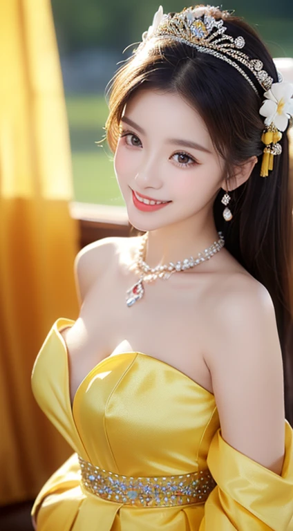 (one cute Chinese Princess, a majestic, wise & gorgeous future queen, super cute ponytail, (extravagant, sparkling, pretty princess costume:1.1), (luxurious giant tiara:1.1), (luxurious giant necklace:1.1), (Yellow Princess costume:1.2), (beautiful yellow chinese costume:1.1), (beautiful yellow and white gradation:1.1), the_cowboy_shot, camera focused on bosom, (best smile:1.2), huge breasts, beautiful detailed facial features, (high quality transparent sleeve with jewel embellishment:1.1), one smooth shoulder, Natural pose, elegant & easy-going, kind dimpled smile, subtle snowflakes, spectacular cinema lighting, natural beauty, NO makeup, long eyelashes, beautiful eyes, (accurate anatomy:1.1), natural forehead, simple bokeh night background, low contrast, surrounded by soft light, (body facing forward:1.1), (lower arms:1.1),SFW,)