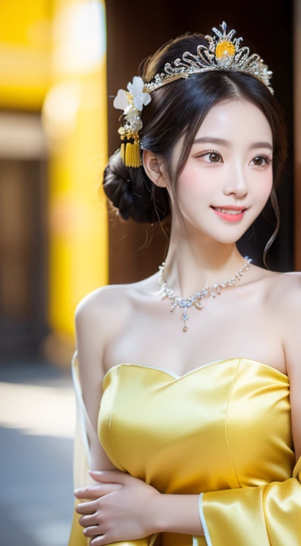 (one cute Chinese Princess, a majestic, wise & gorgeous future queen, super cute ponytail, (extravagant, sparkling, pretty princess costume:1.1), (luxurious giant tiara:1.1), (luxurious giant necklace:1.1), (Yellow Princess costume:1.2), (beautiful yellow chinese costume:1.1), (beautiful yellow and white gradation:1.1), the_cowboy_shot, camera focused on bosom, (best smile:1.2), huge breasts, beautiful detailed facial features, (high quality transparent sleeve with jewel embellishment:1.1), one smooth shoulder, Natural pose, elegant & easy-going, kind dimpled smile, subtle snowflakes, spectacular cinema lighting, natural beauty, NO makeup, long eyelashes, beautiful eyes, (accurate anatomy:1.1), natural forehead, simple bokeh night background, low contrast, surrounded by soft light, (body facing forward:1.1), (lower arms:1.1),SFW,)